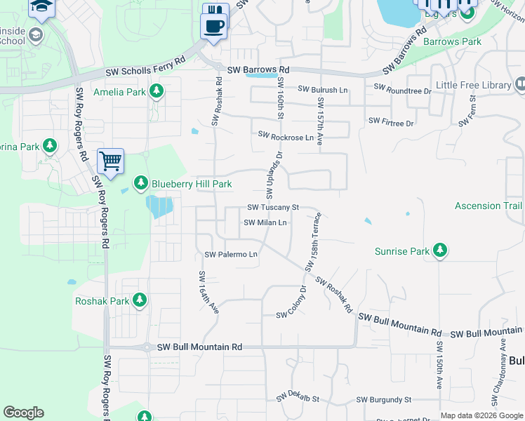 map of restaurants, bars, coffee shops, grocery stores, and more near 16038 Southwest Tuscany Street in Tigard