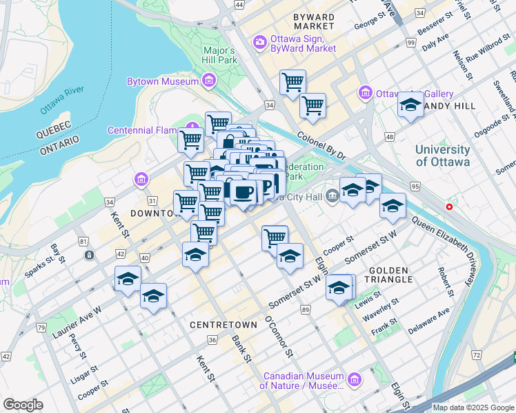 map of restaurants, bars, coffee shops, grocery stores, and more near 100 Elgin Street in Ottawa