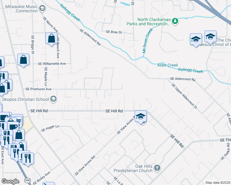 map of restaurants, bars, coffee shops, grocery stores, and more near 4510 Southeast Pinehurst Avenue in Milwaukie