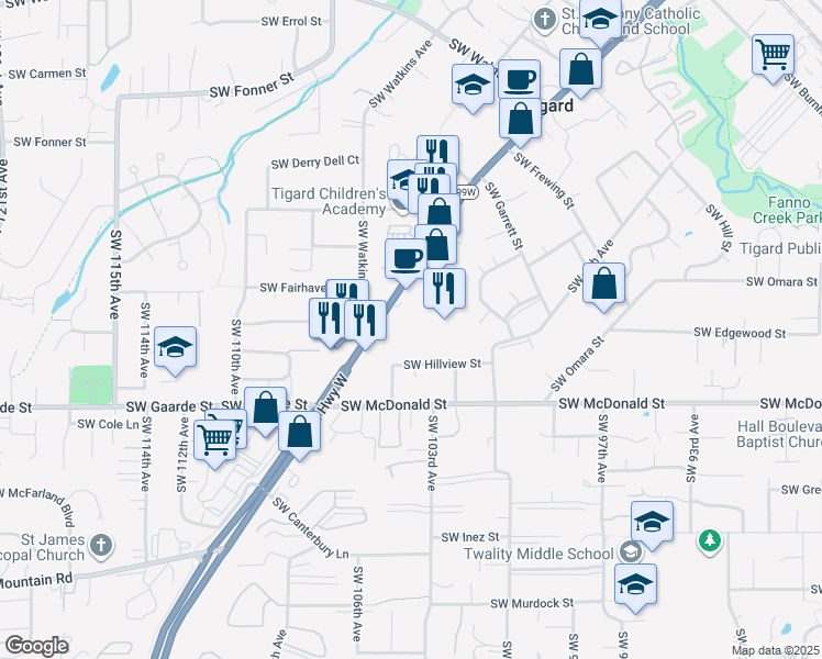 map of restaurants, bars, coffee shops, grocery stores, and more near 13660 Southwest Pacific Highway in Portland