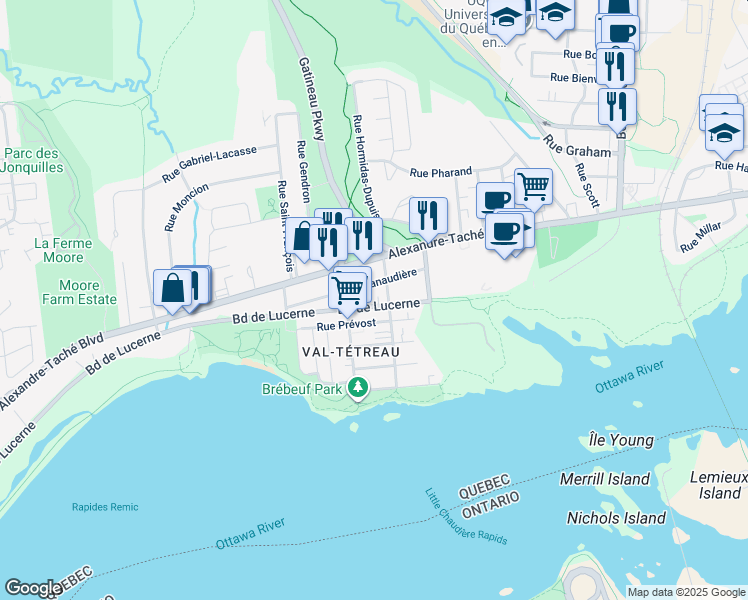 map of restaurants, bars, coffee shops, grocery stores, and more near 408 Boulevard de Lucerne in Gatineau