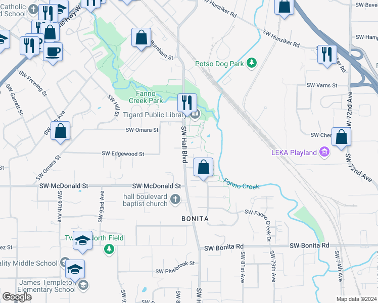 map of restaurants, bars, coffee shops, grocery stores, and more near 13615 Southwest Hall Boulevard in Tigard