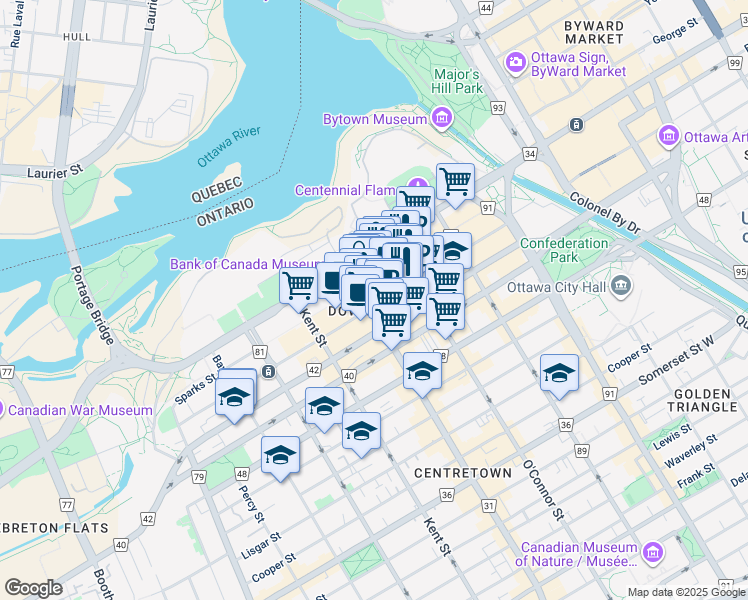 map of restaurants, bars, coffee shops, grocery stores, and more near in Ottawa