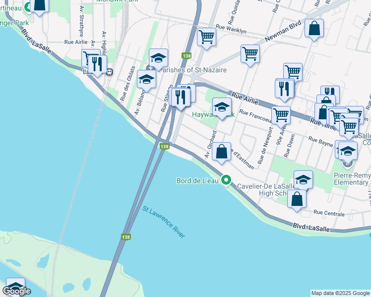 map of restaurants, bars, coffee shops, grocery stores, and more near 9499 Boulevard LaSalle in Montréal