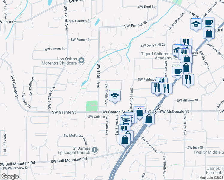 map of restaurants, bars, coffee shops, grocery stores, and more near 11271 Southwest Fairhaven Court in Tigard