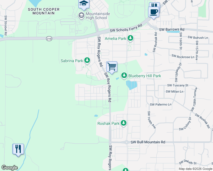 map of restaurants, bars, coffee shops, grocery stores, and more near 17030 Southwest Rocky Ramble Lane in Sherwood