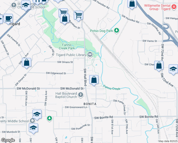 map of restaurants, bars, coffee shops, grocery stores, and more near 13706 Southwest Hall Boulevard in Tigard