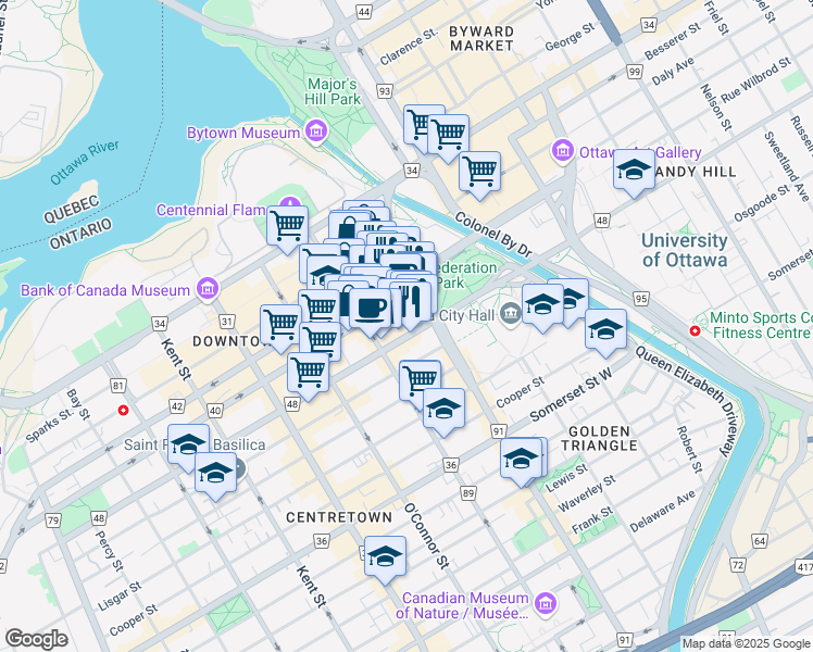 map of restaurants, bars, coffee shops, grocery stores, and more near in Ottawa