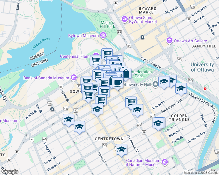 map of restaurants, bars, coffee shops, grocery stores, and more near in Ottawa