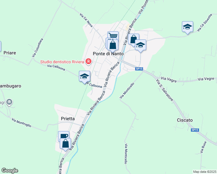 map of restaurants, bars, coffee shops, grocery stores, and more near 36 Via Riviera Berica in Ponte di Nanto