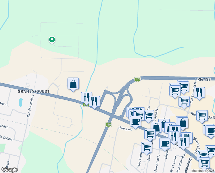 map of restaurants, bars, coffee shops, grocery stores, and more near 464 Rue Léo-Gendreau Nord in Granby