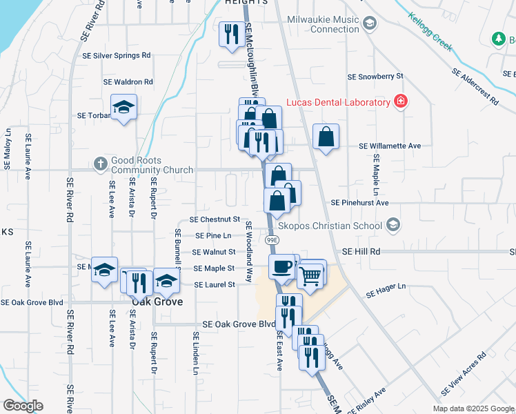 map of restaurants, bars, coffee shops, grocery stores, and more near 14015 Southeast McLoughlin Boulevard in Milwaukie
