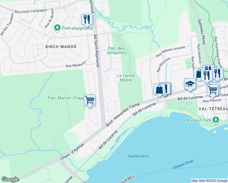 map of restaurants, bars, coffee shops, grocery stores, and more near 110 Rue du Château in Gatineau