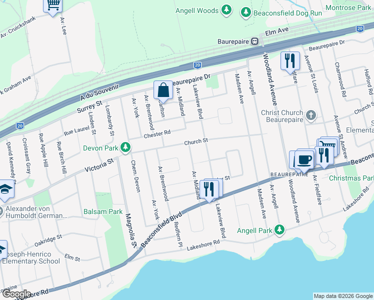 map of restaurants, bars, coffee shops, grocery stores, and more near 86 Avenue Midland in Beaconsfield