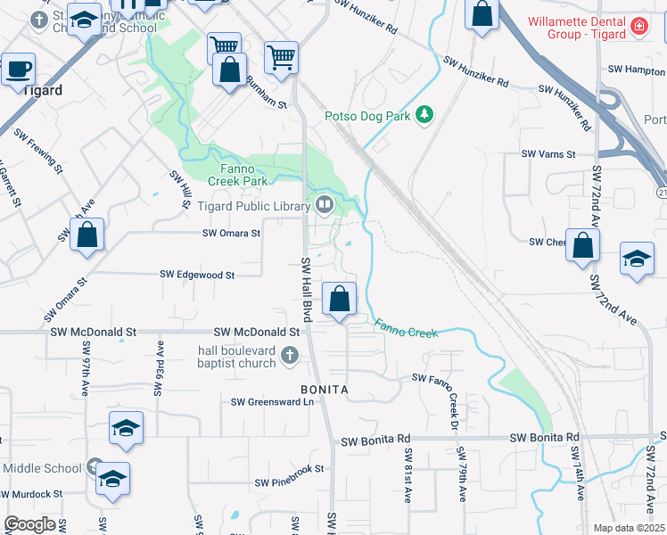 map of restaurants, bars, coffee shops, grocery stores, and more near 13676 Southwest Hall Boulevard in Tigard
