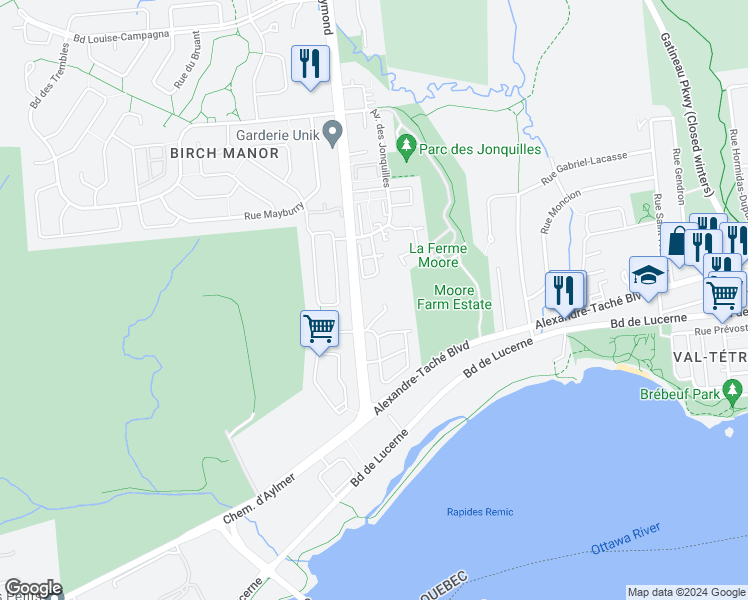 map of restaurants, bars, coffee shops, grocery stores, and more near 103 Rue du Château in Gatineau