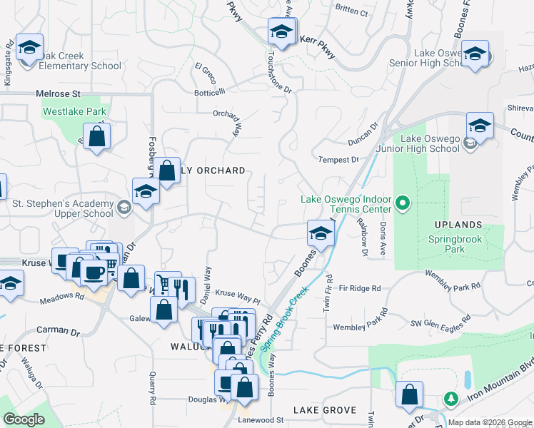 map of restaurants, bars, coffee shops, grocery stores, and more near 14450 Holly Springs Road in Lake Oswego
