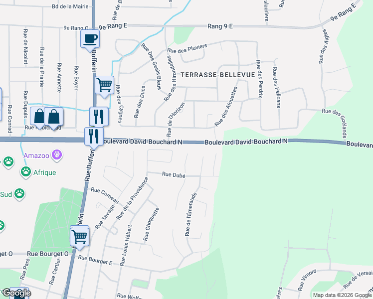 map of restaurants, bars, coffee shops, grocery stores, and more near 514 Rue du Rubis in Granby