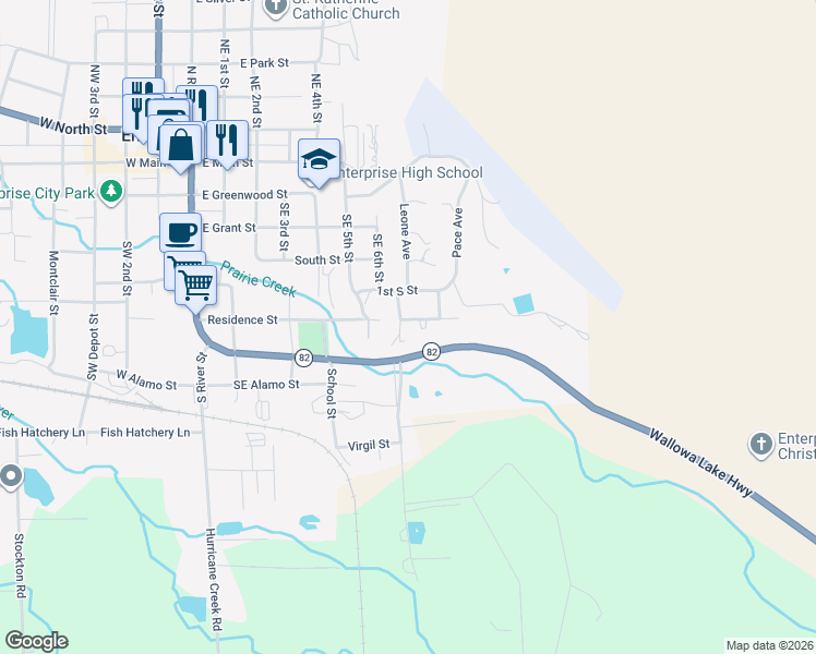 map of restaurants, bars, coffee shops, grocery stores, and more near 704 Residence Street in Enterprise