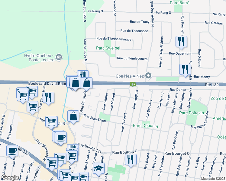 map of restaurants, bars, coffee shops, grocery stores, and more near 476 Rue Ménard in Granby