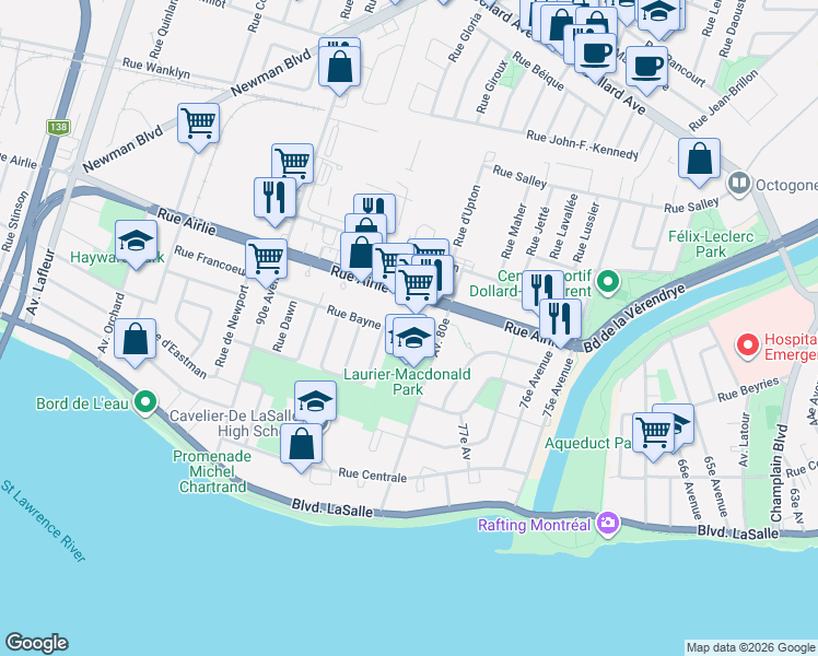 map of restaurants, bars, coffee shops, grocery stores, and more near 9163 Rue Bayne in Montréal