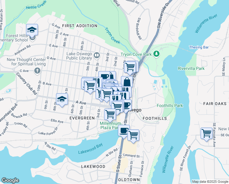 map of restaurants, bars, coffee shops, grocery stores, and more near 560 1st Street in Lake Oswego