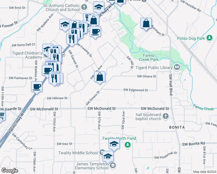 map of restaurants, bars, coffee shops, grocery stores, and more near 9555 Southwest Frewing Street in Tigard