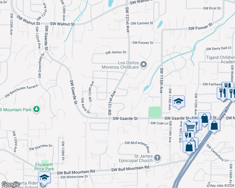 map of restaurants, bars, coffee shops, grocery stores, and more near 13615 Southwest 121st Avenue in Tigard