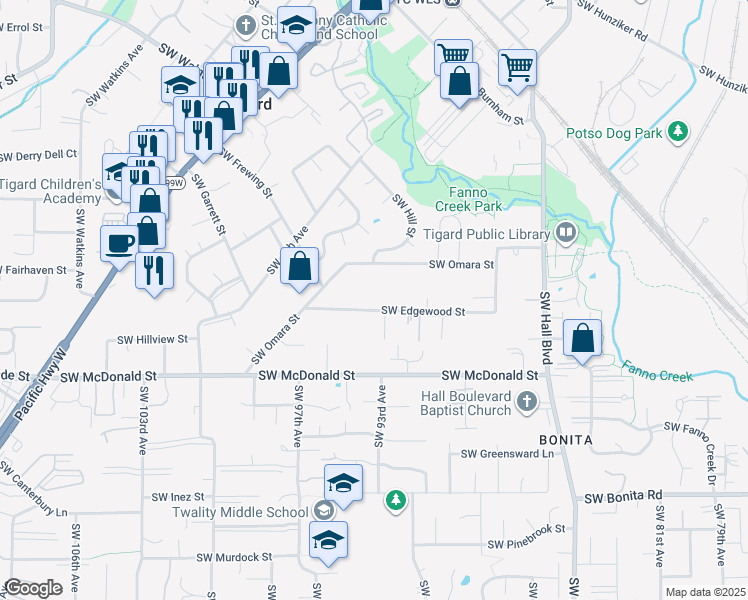 map of restaurants, bars, coffee shops, grocery stores, and more near 9325 Southwest Edgewood Street in Portland