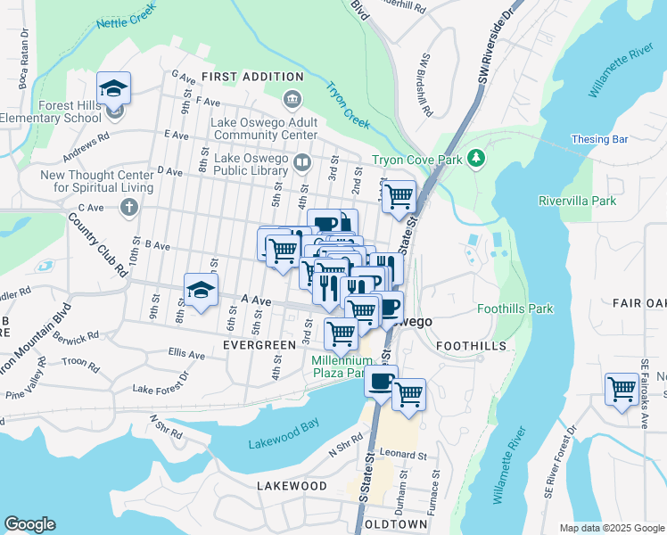 map of restaurants, bars, coffee shops, grocery stores, and more near in Lake Oswego