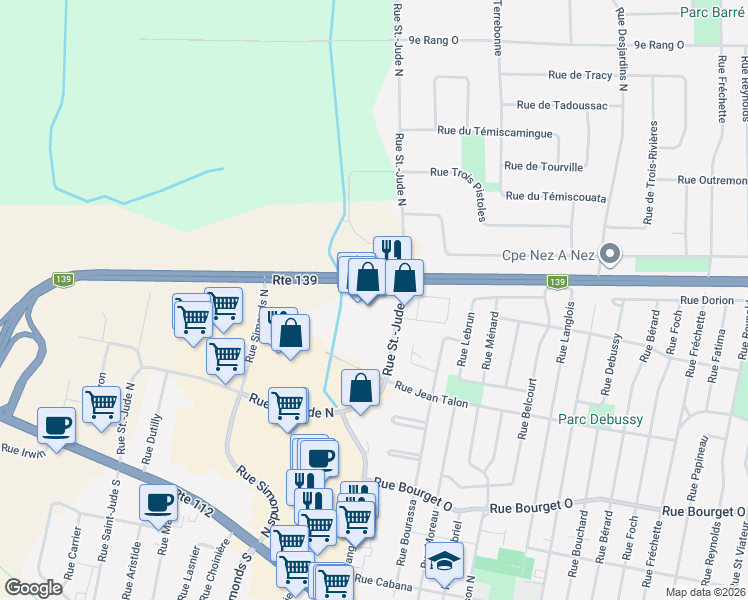 map of restaurants, bars, coffee shops, grocery stores, and more near 240 Rue Saint-Jude Nord in Granby