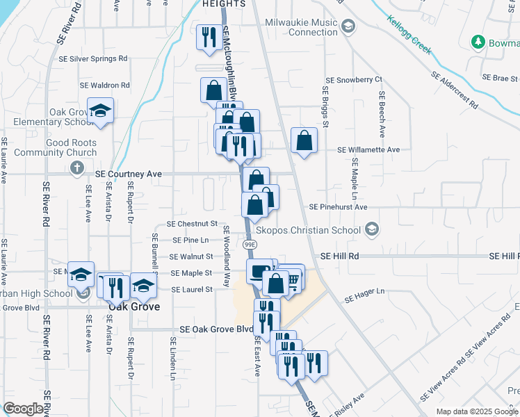 map of restaurants, bars, coffee shops, grocery stores, and more near 14020 Southeast McLoughlin Boulevard in Milwaukie