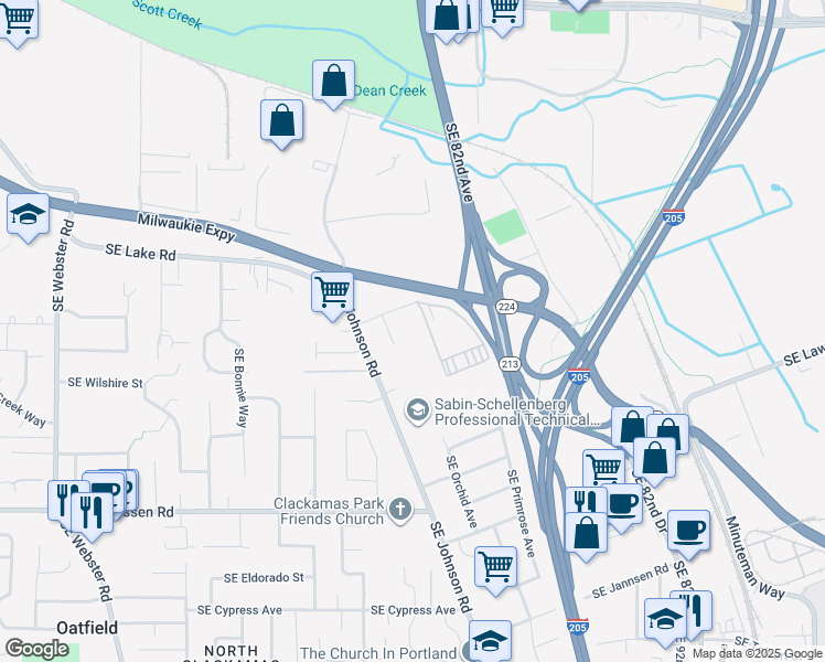 map of restaurants, bars, coffee shops, grocery stores, and more near 8100 Southeast Lake Road in Milwaukie
