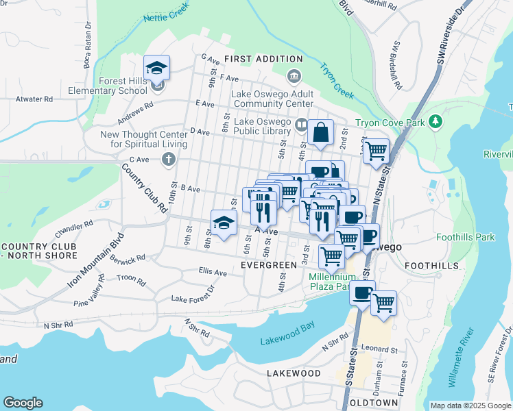 map of restaurants, bars, coffee shops, grocery stores, and more near 479 6th Street in Lake Oswego