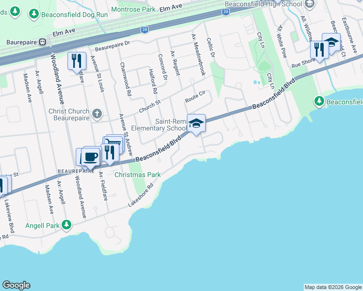 map of restaurants, bars, coffee shops, grocery stores, and more near 9 Breton Woods in Beaconsfield