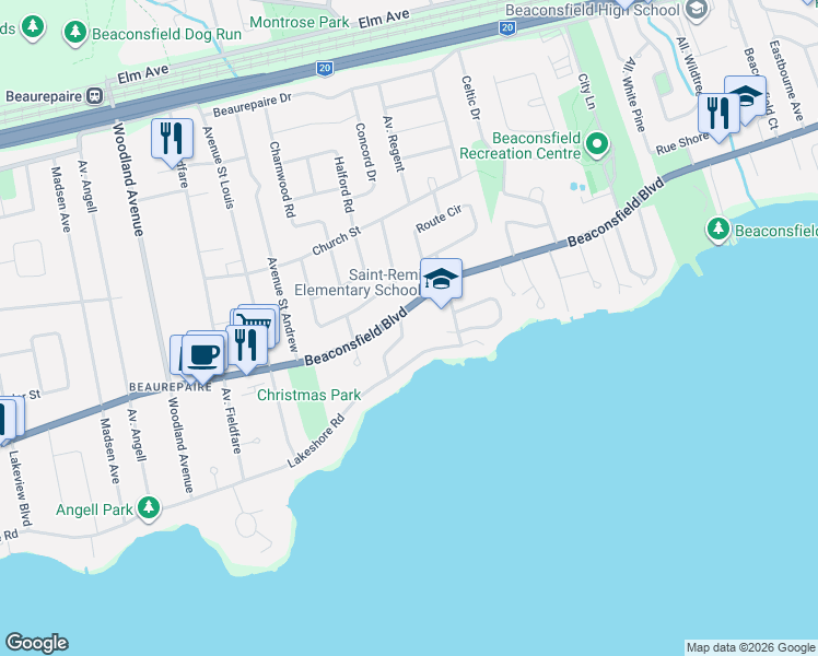 map of restaurants, bars, coffee shops, grocery stores, and more near 9 Breton Woods in Beaconsfield