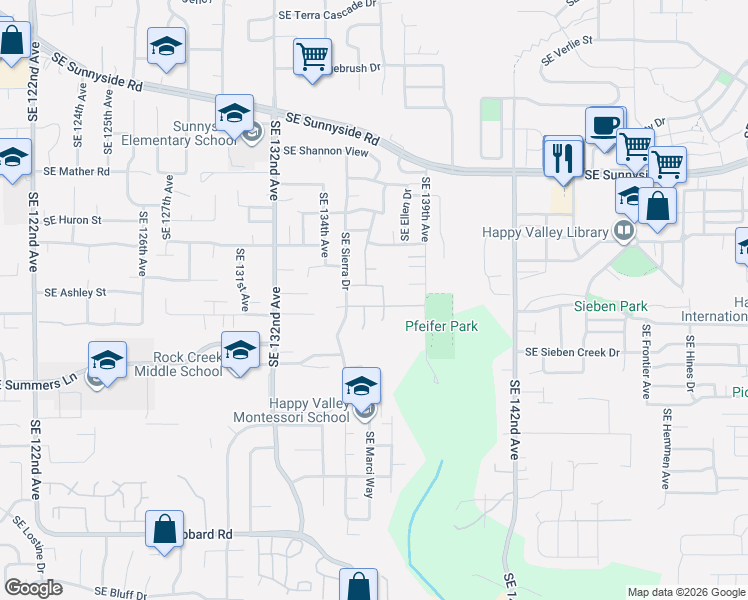 map of restaurants, bars, coffee shops, grocery stores, and more near 13615 SE Almond Ct in Clackamas