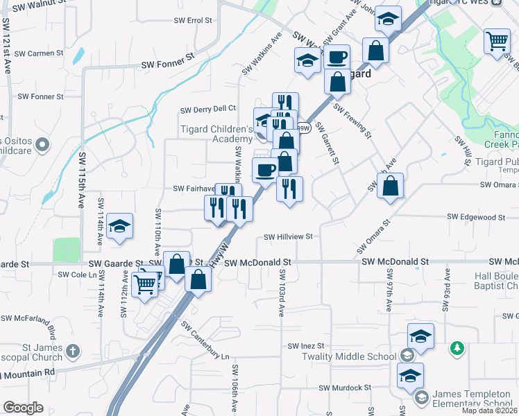 map of restaurants, bars, coffee shops, grocery stores, and more near 13602 Southwest Pacific Highway in Portland