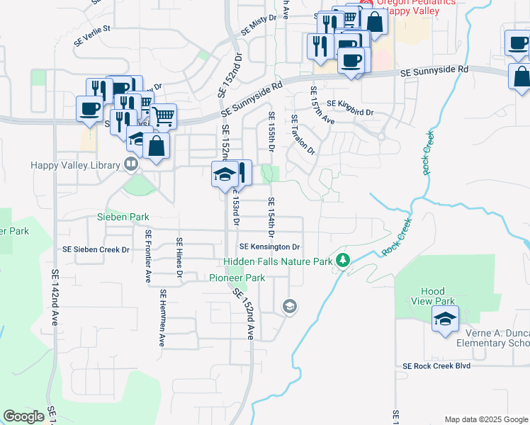 map of restaurants, bars, coffee shops, grocery stores, and more near 15372 Southeast Elinor Street in Clackamas
