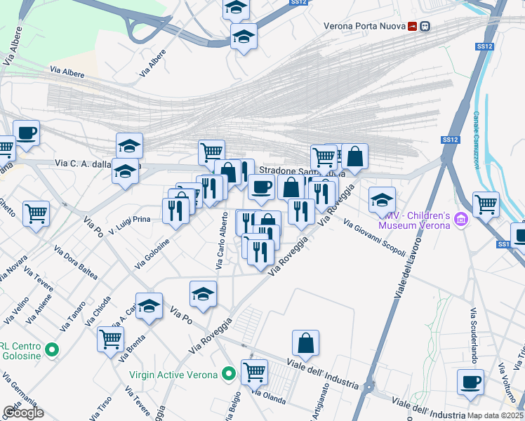 map of restaurants, bars, coffee shops, grocery stores, and more near 35 Via Giovanna Murari Brà in Verona