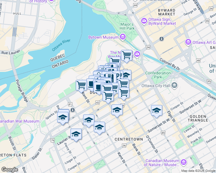 map of restaurants, bars, coffee shops, grocery stores, and more near 181 Queen Street in Ottawa