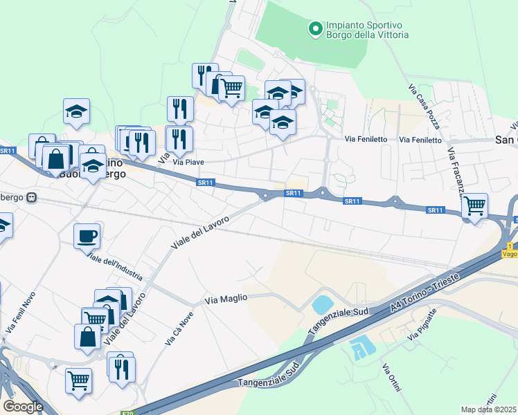 map of restaurants, bars, coffee shops, grocery stores, and more near 38 Via Nazionale in San Martino Buon Albergo