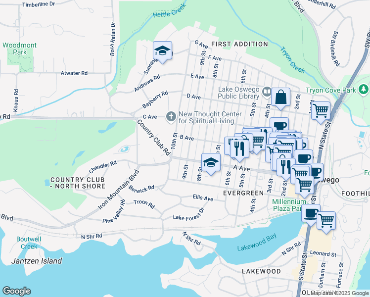 map of restaurants, bars, coffee shops, grocery stores, and more near 440 9th Street in Lake Oswego