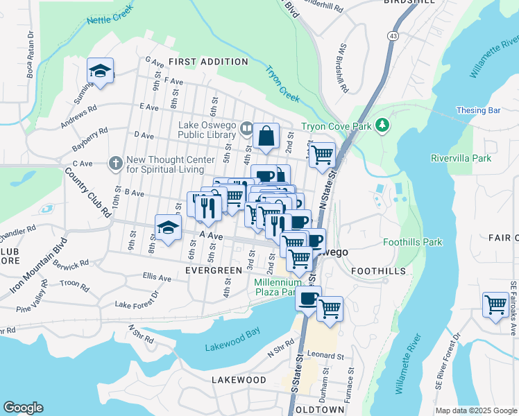 map of restaurants, bars, coffee shops, grocery stores, and more near 3rd Street in Lake Oswego