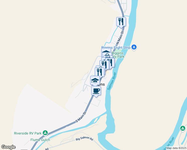 map of restaurants, bars, coffee shops, grocery stores, and more near 307 Main Street in Riggins