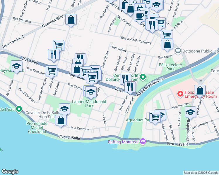 map of restaurants, bars, coffee shops, grocery stores, and more near 9100 Rue Airlie in Montréal