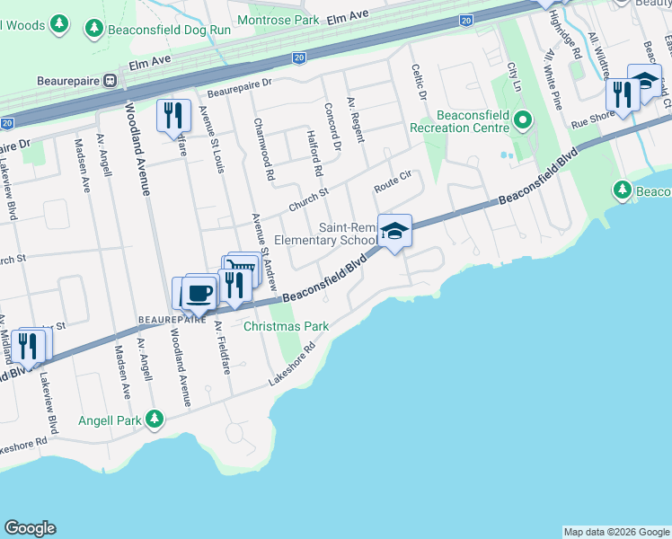 map of restaurants, bars, coffee shops, grocery stores, and more near 417 Boulevard Beaconsfield in Beaconsfield