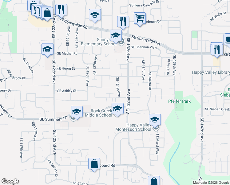 map of restaurants, bars, coffee shops, grocery stores, and more near 13048 Southeast Almond Lane in Clackamas