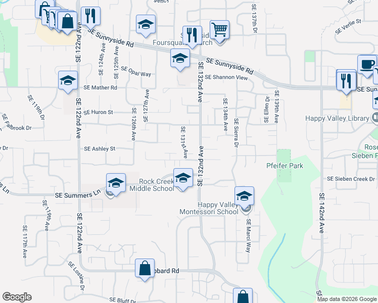 map of restaurants, bars, coffee shops, grocery stores, and more near 14010 Southeast 131st Avenue in Clackamas