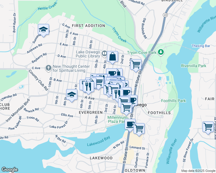 map of restaurants, bars, coffee shops, grocery stores, and more near in Lake Oswego